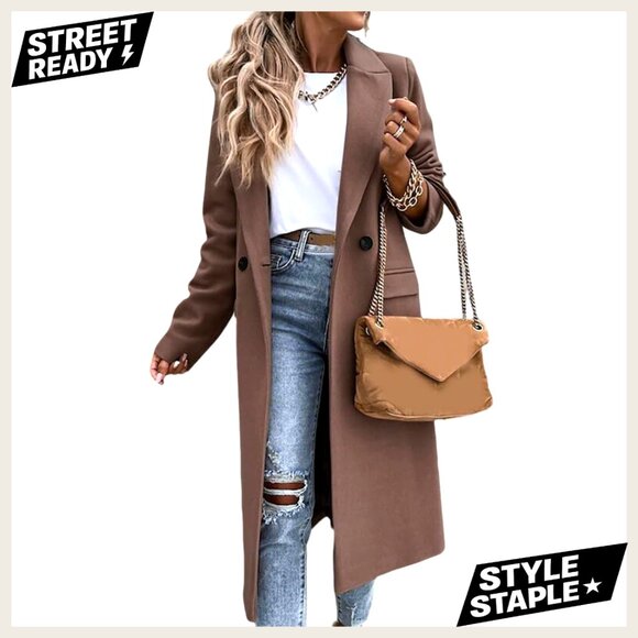 Long Wool Pea Coat with Notch Lapel Fully Lined Below Knee Length